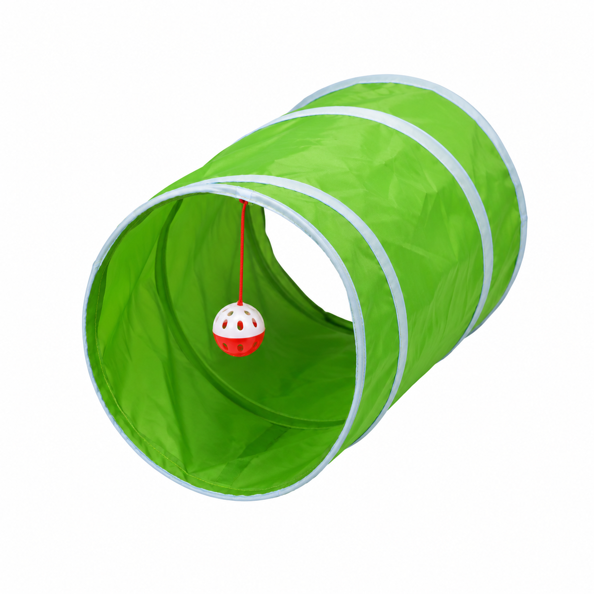 One green example of the short foldable cat tunnel with light edging and a hanging red-and-white ball. Colours and patterns are assorted.