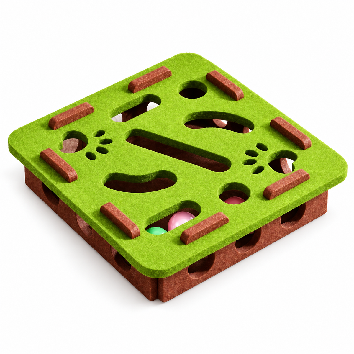 One green square felt paw-play box with brown panels, eight fastening tabs and three bell balls inside.