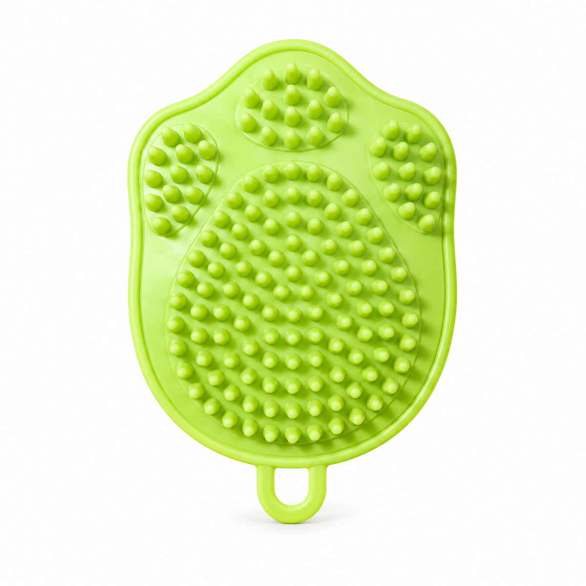 One green paw-shaped TPR brush with short rounded bumps and a hanging loop.