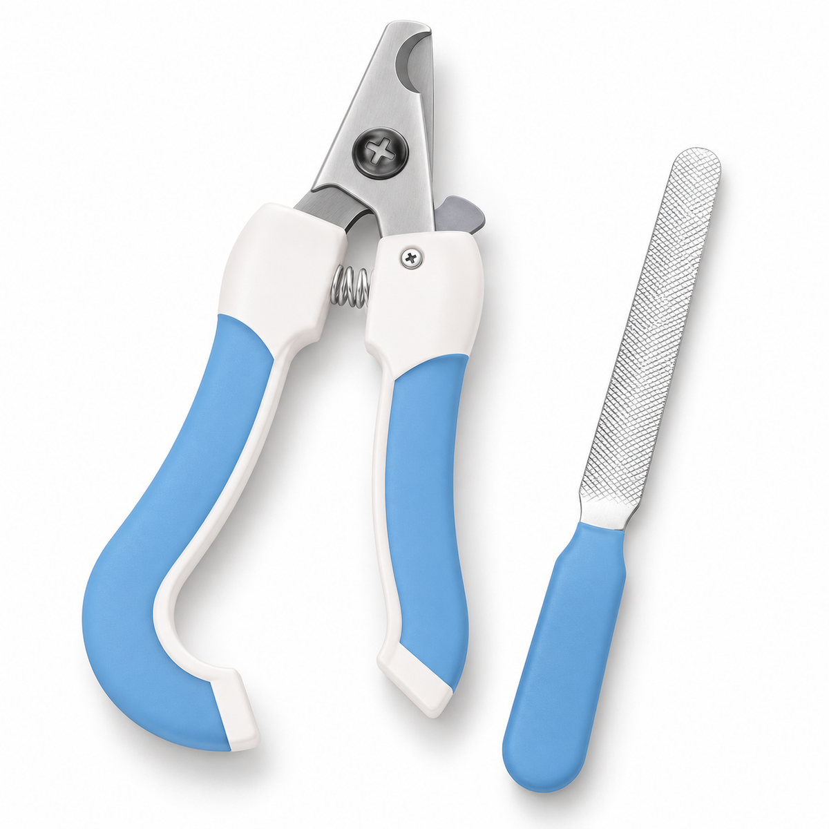 One blue-and-white pet nail clipper and one blue-handled nail file.