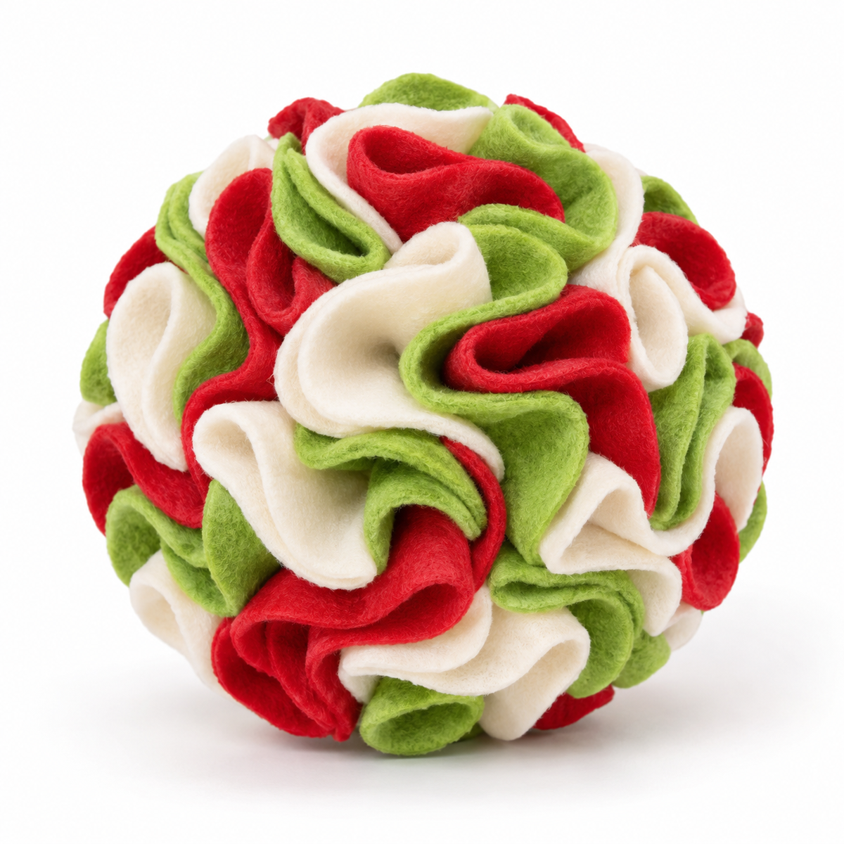White, red and green fabric snuffle ball