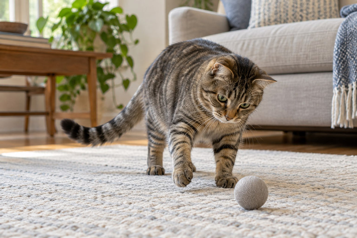 Illustrative scene of a tabby cat reaching towards a fabric ball during indoor play.