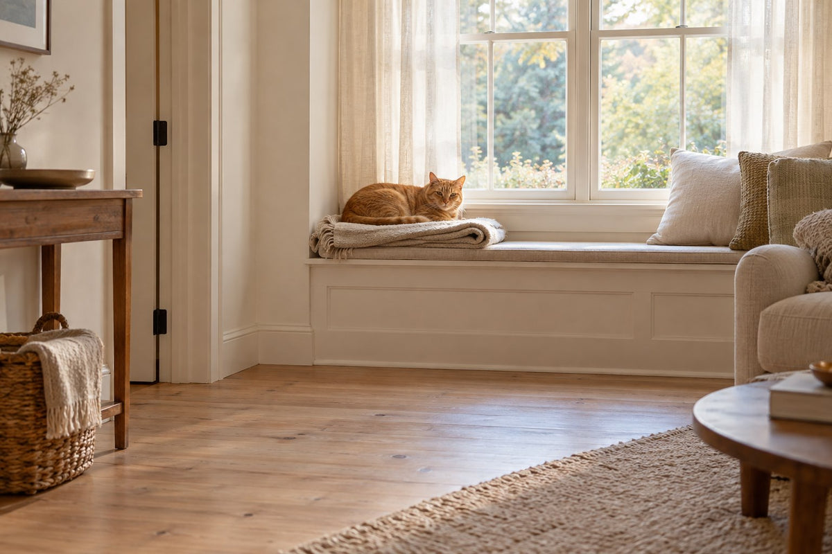 Illustrative scene of a ginger cat resting on a folded blanket in a window nook.
