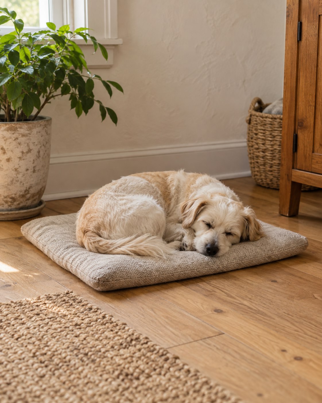Illustrative scene of a light-coloured dog curled up on a mat in a quiet home corner.