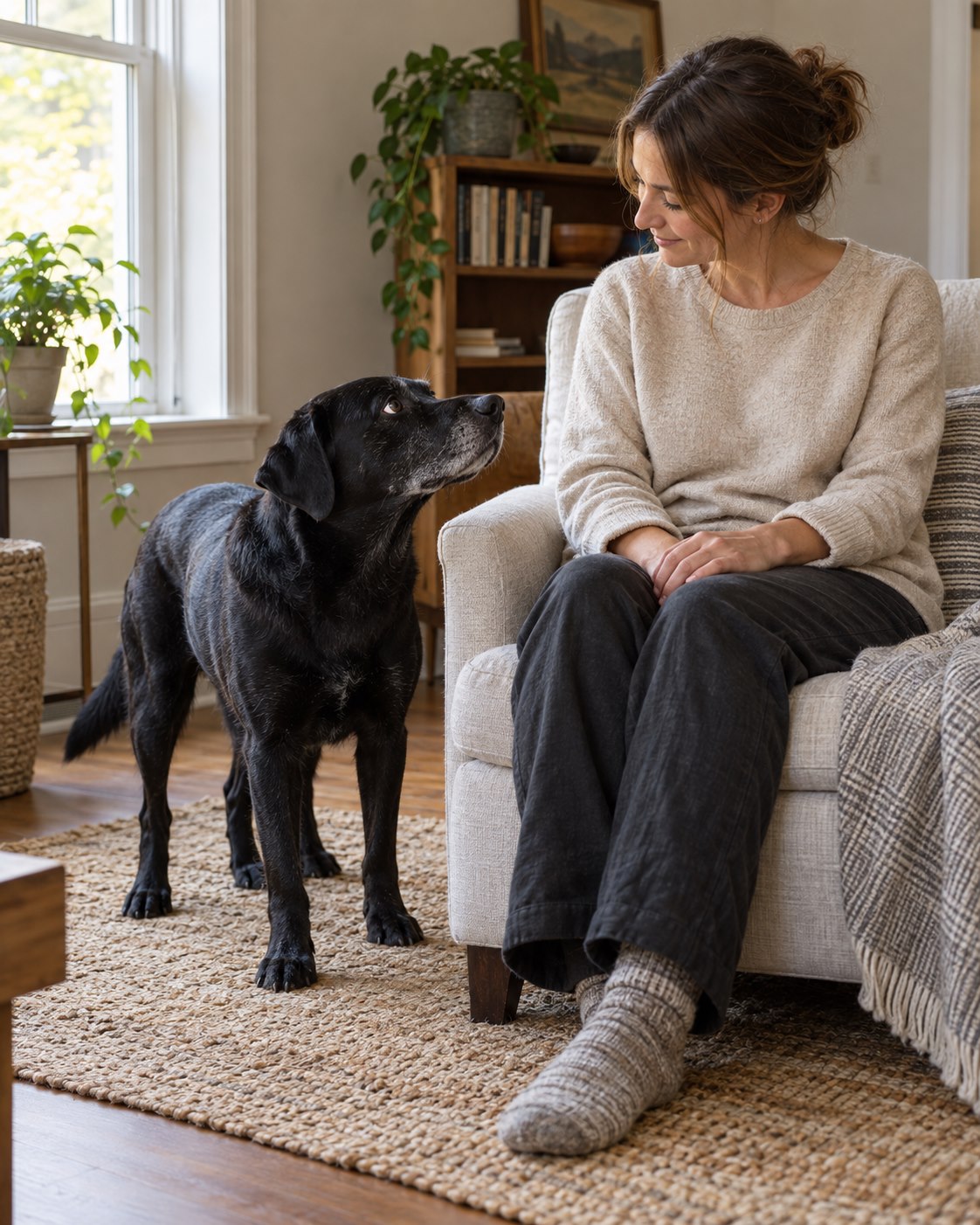 Illustrative scene of a black dog standing near a seated adult whose hands rest on their knees.