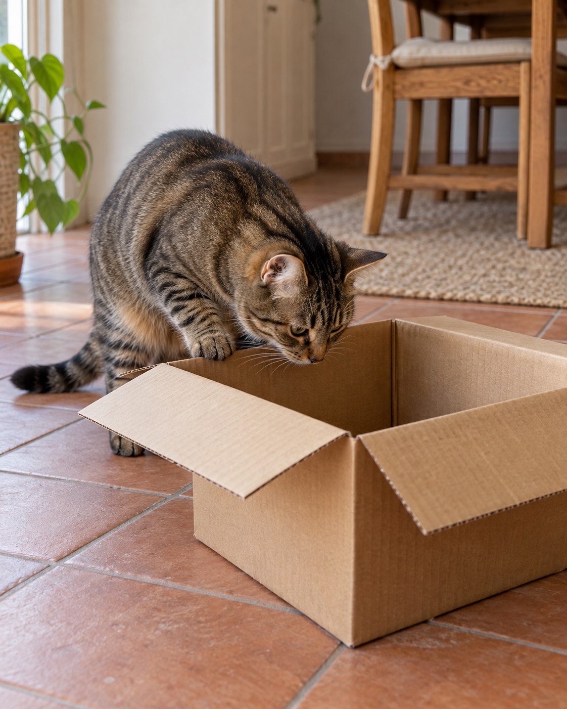 Illustrative scene of a tabby cat looking into an open cardboard box.