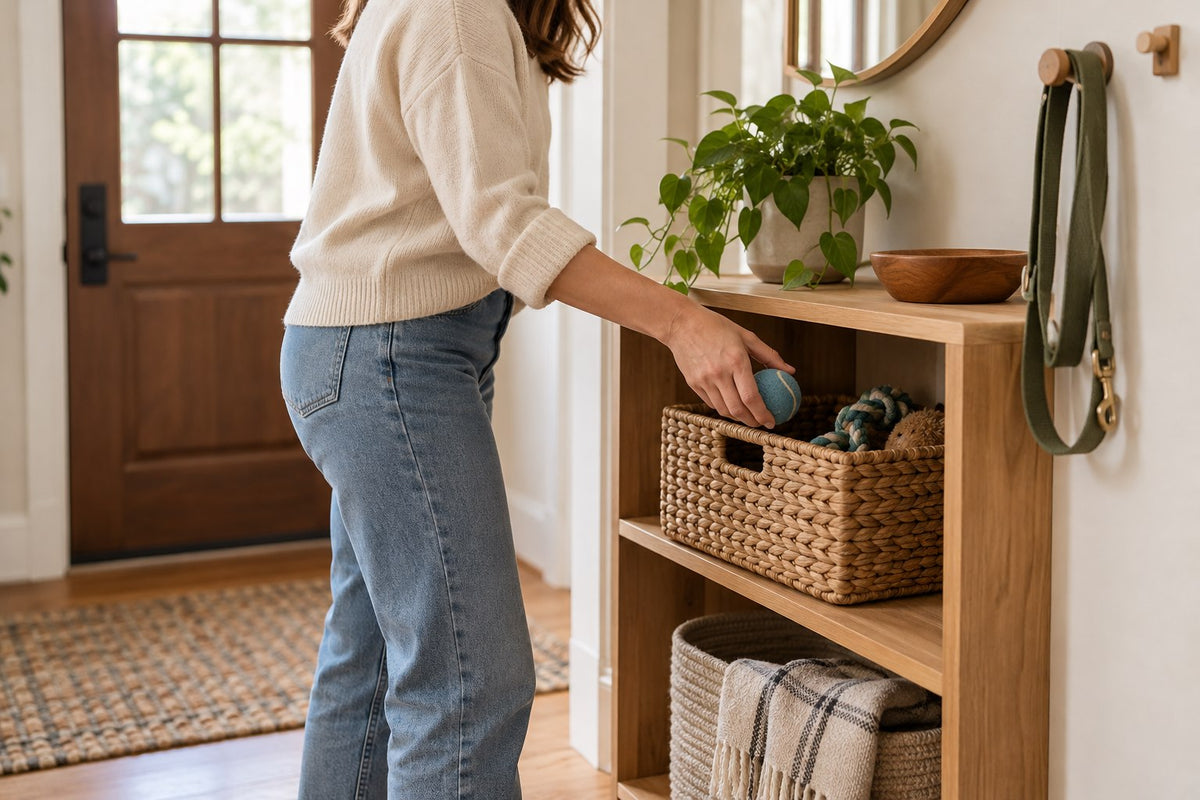 Illustrative scene of a person putting pet toys into a woven basket in an entryway.
