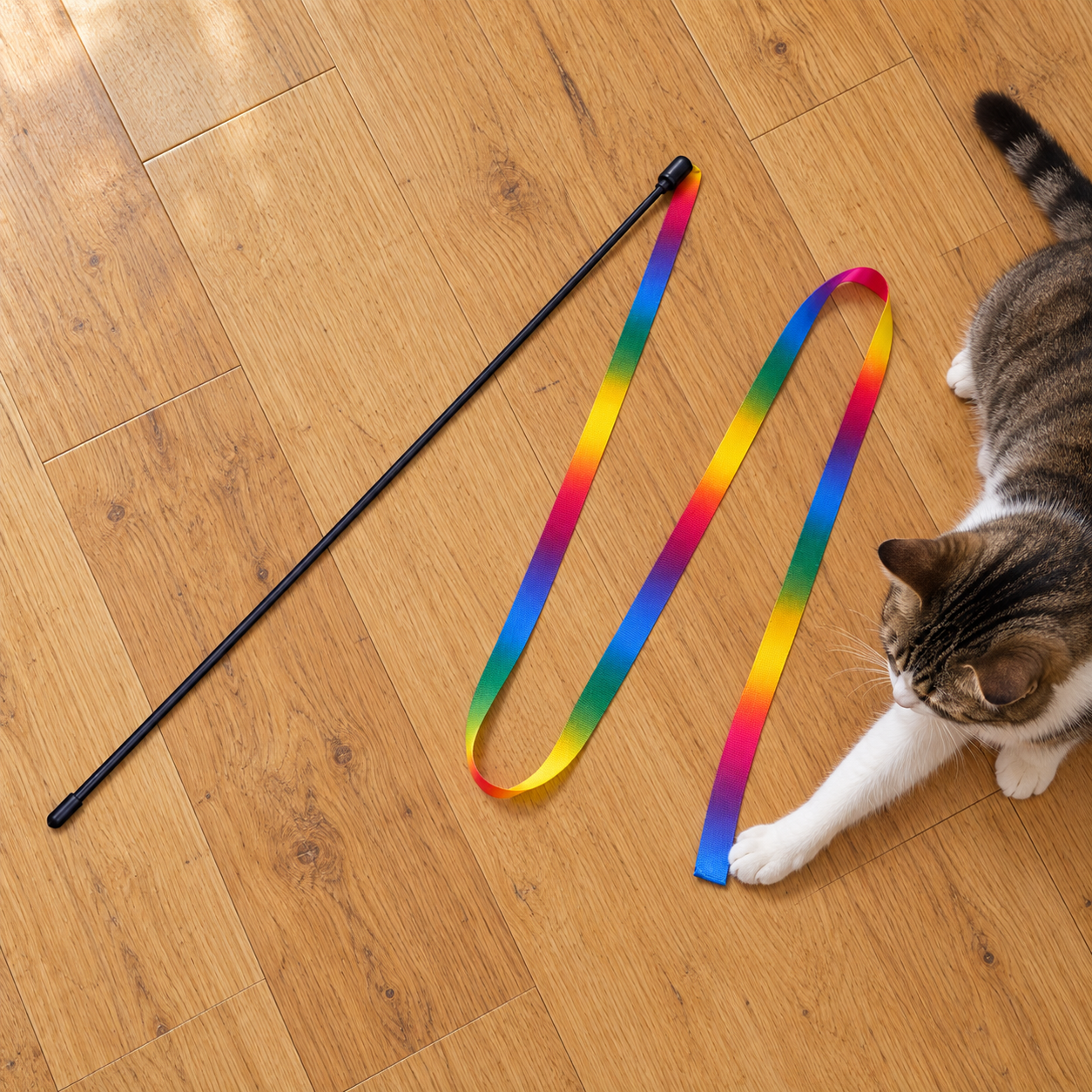 Illustration of one complete black cat wand lying on a wooden floor with one attached continuous rainbow fabric ribbon; a cat lightly touches its blue free end. This is a static scene, not a demonstration of adult-held play.