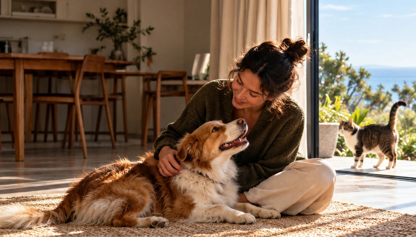 Illustrative home scene of a person spending a quiet moment with a dog, with a cat nearby.