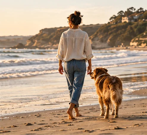 Illustrative scene of an adult and golden dog walking beside the sea.
