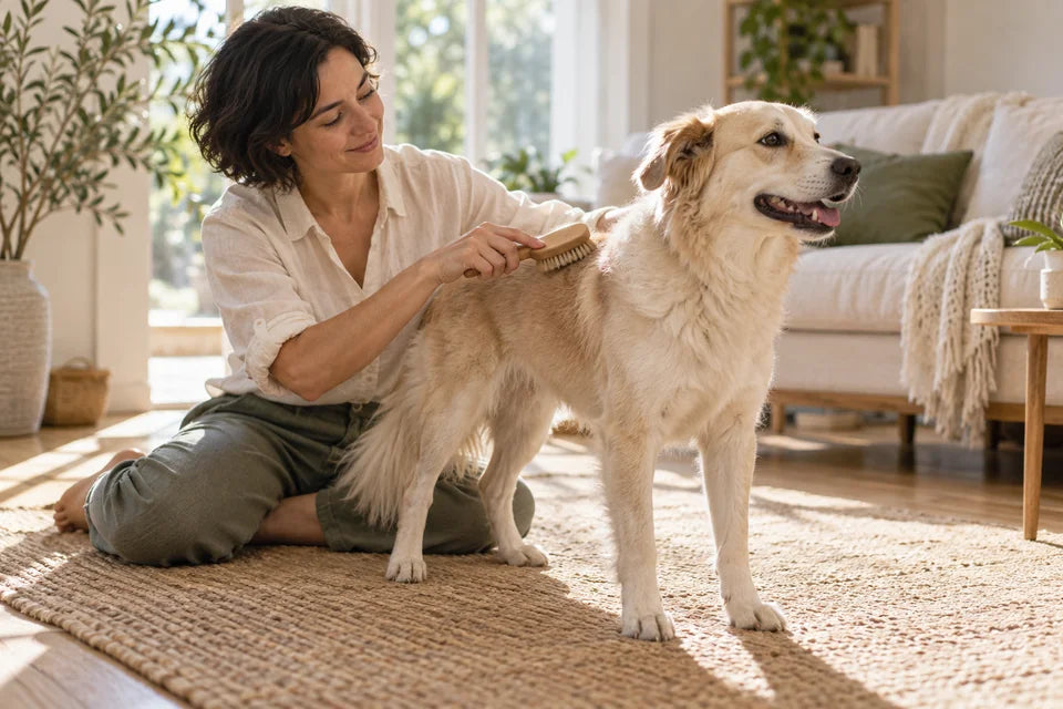 Illustrative scene of an adult brushing a dog on a rug at home.