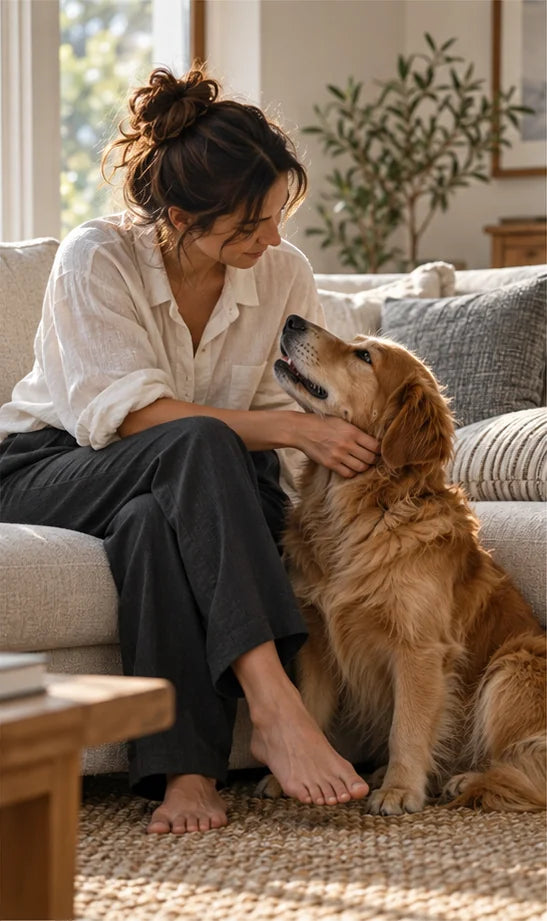 Illustrative scene of an adult sitting beside a golden dog at home.