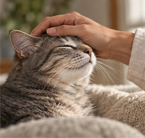Illustrative close-up of a hand stroking a relaxed tabby cat.