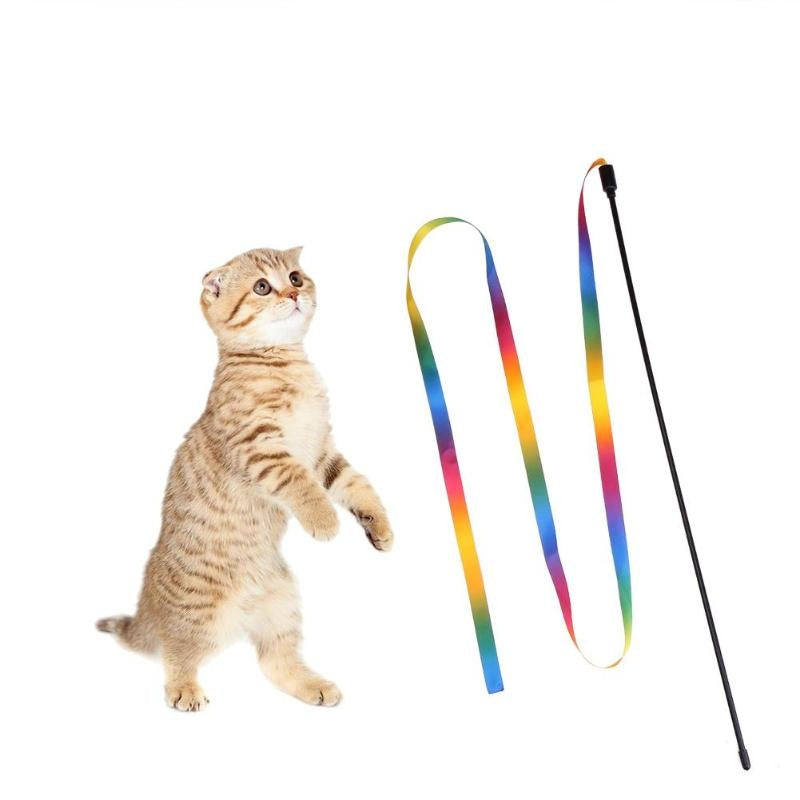 Supplier composite illustration of a cat and complete rainbow ribbon wand.