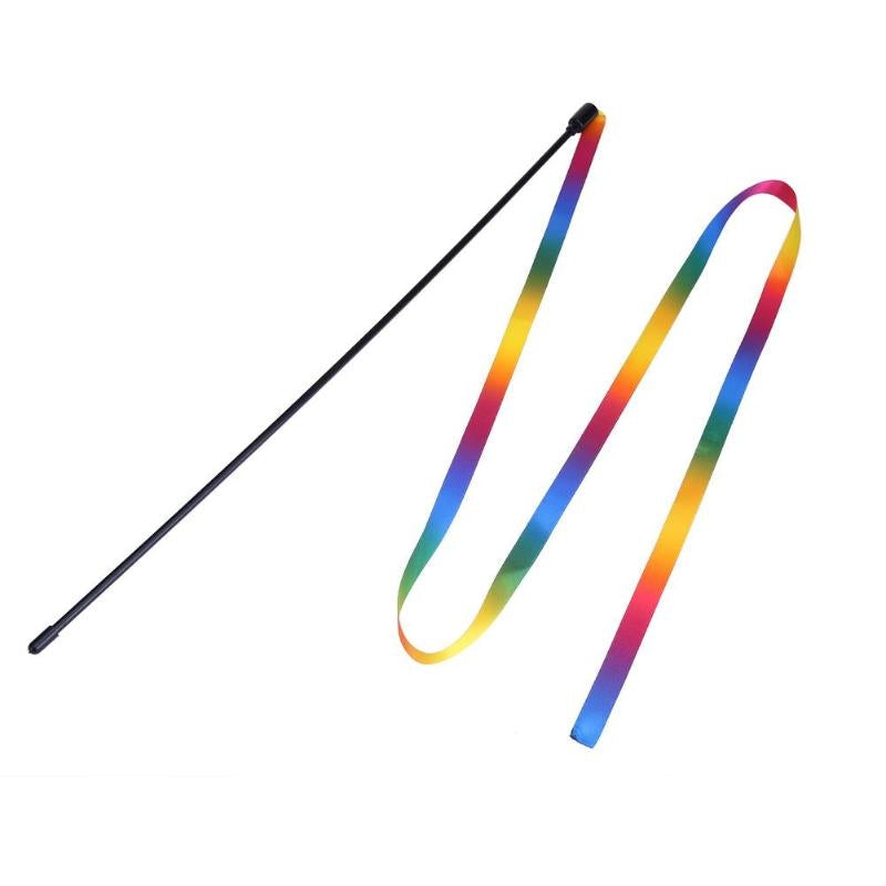 Supplier image of one complete black cat wand with an attached rainbow fabric ribbon.