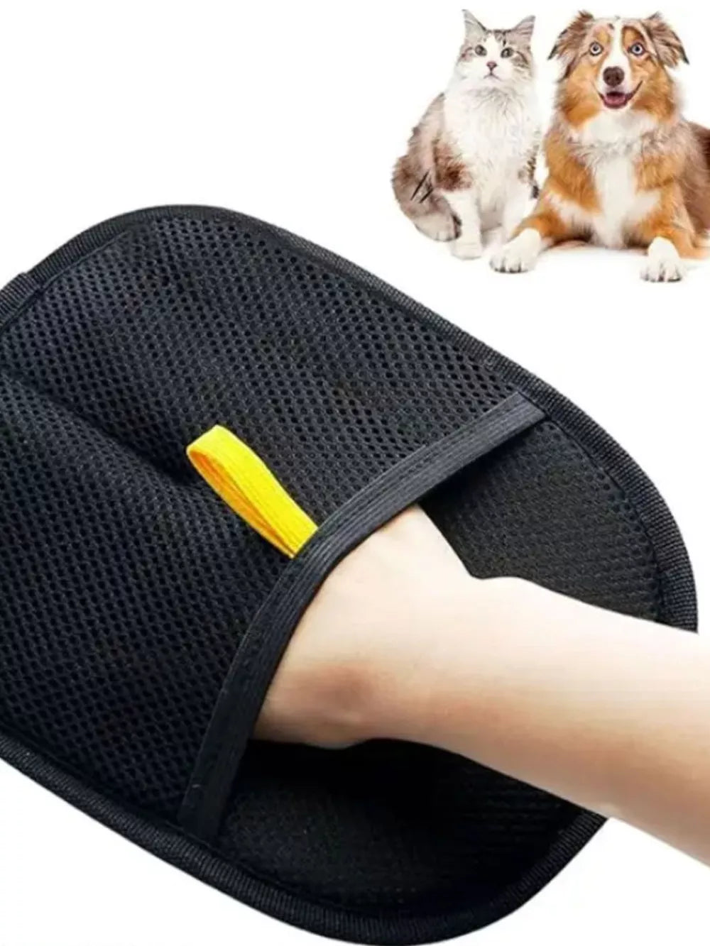 Supplier close-up of the black mesh back, yellow loop and hand opening of one hair-removal mitt. One mitt supplied.