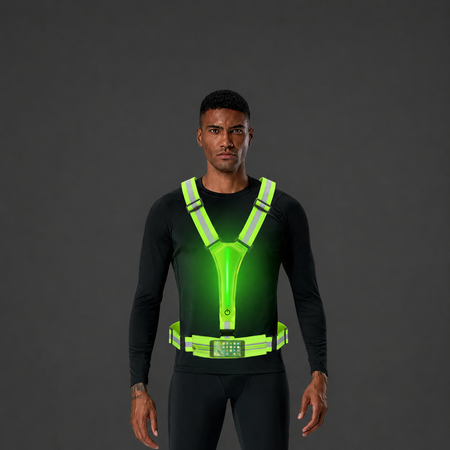 Man wearing GlowStride LED reflective vest with phone pouch belt for evening commute