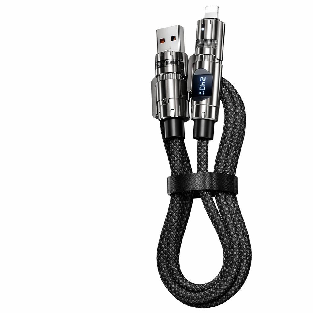 Car Fast Charging Cable 4-in-1 (USB-C/Lightning/Micro USB) – PD/QC Compatible, LED Power Display