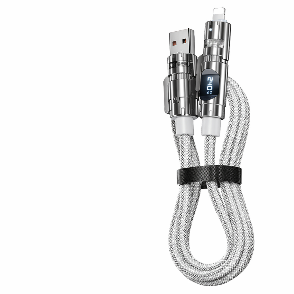 Car Fast Charging Cable 4-in-1 (USB-C/Lightning/Micro USB) – PD/QC Compatible, LED Power Display