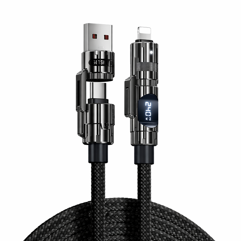Car Fast Charging Cable 4-in-1 (USB-C/Lightning/Micro USB) – PD/QC Compatible, LED Power Display