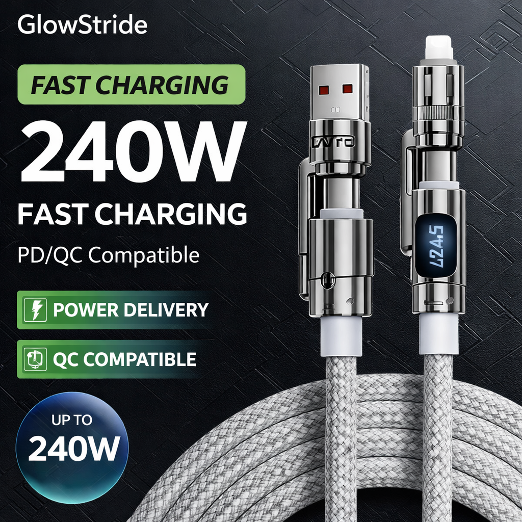 Car Fast Charging Cable 4-in-1 (USB-C/Lightning/Micro USB) – PD/QC Compatible, LED Power Display