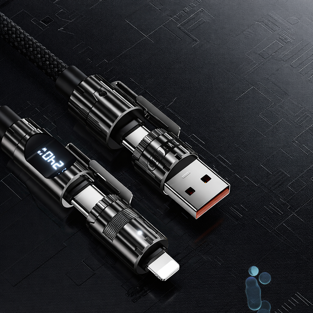 Car Fast Charging Cable 4-in-1 (USB-C/Lightning/Micro USB) – PD/QC Compatible, LED Power Display