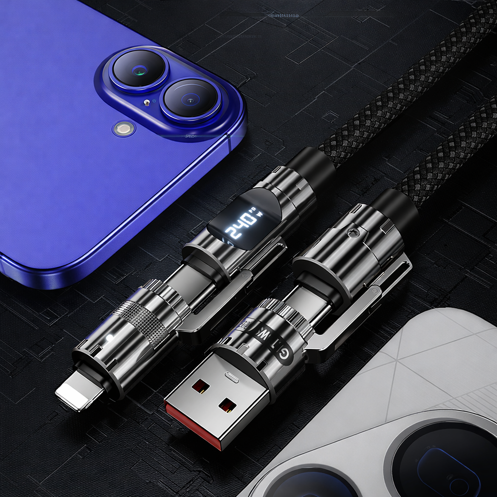 Car Fast Charging Cable 4-in-1 (USB-C/Lightning/Micro USB) – PD/QC Compatible, LED Power Display