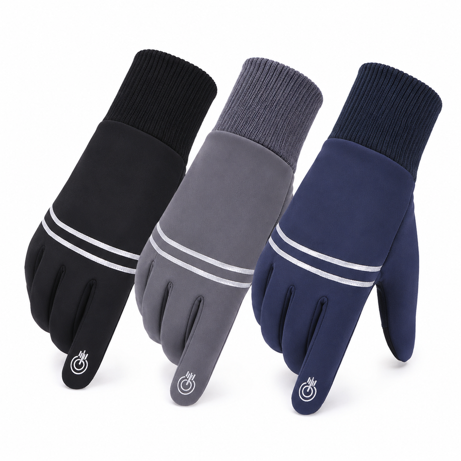 Reflective touchscreen winter running gloves in black, grey and navy shown together on a white background