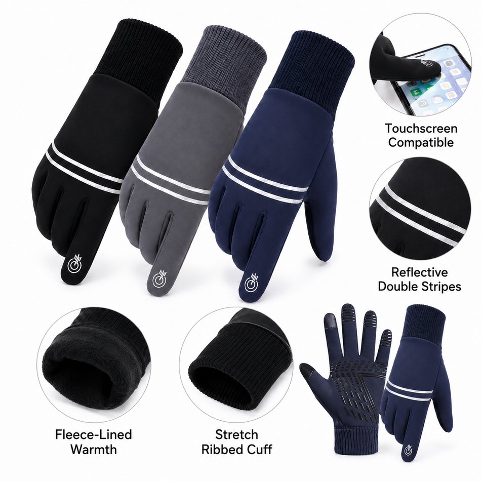 Winter running gloves feature overview: touchscreen-compatible fingertips, reflective double stripes, fleece lining and stretch ribbed cuff
