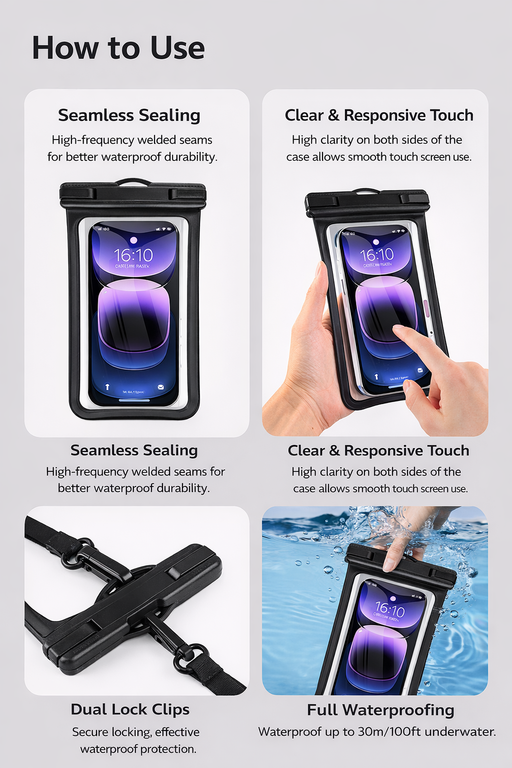 Waterproof Phone Pouch (Touchscreen) for Swimming & Beach – 7" Universal