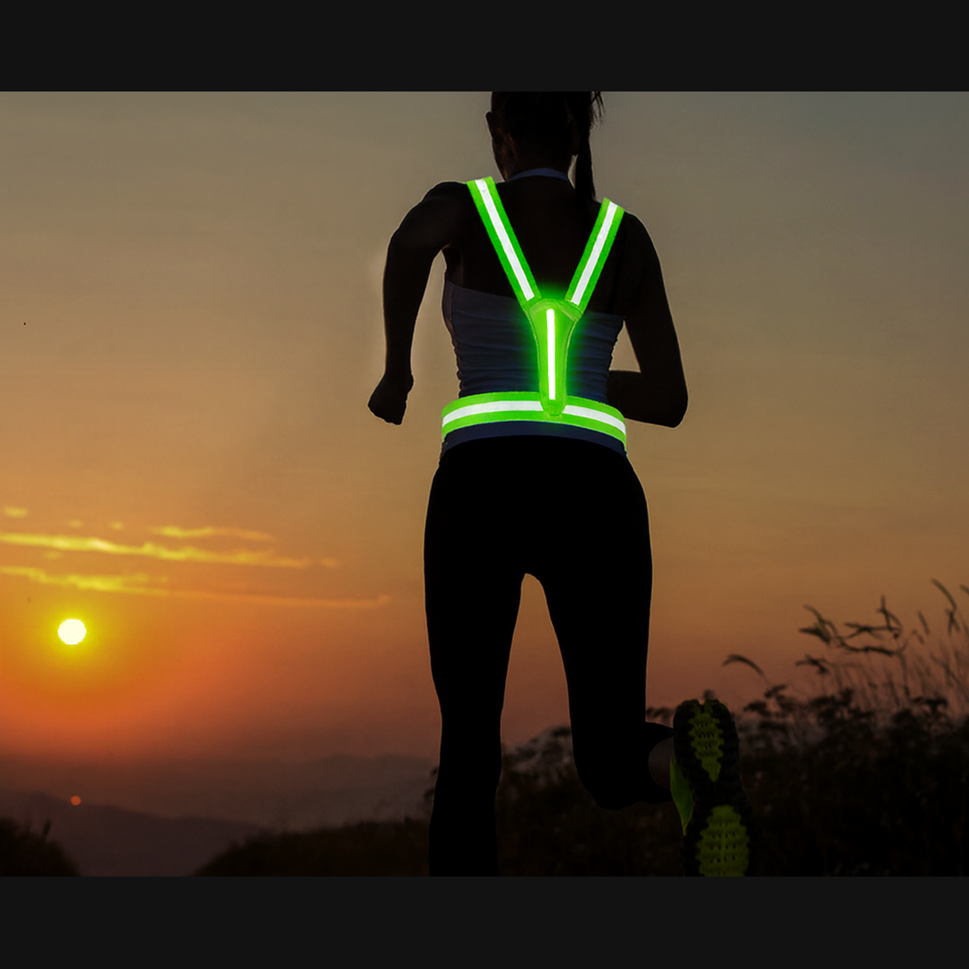 GlowStride USB-rechargeable LED reflective running vest in low-light outdoor use