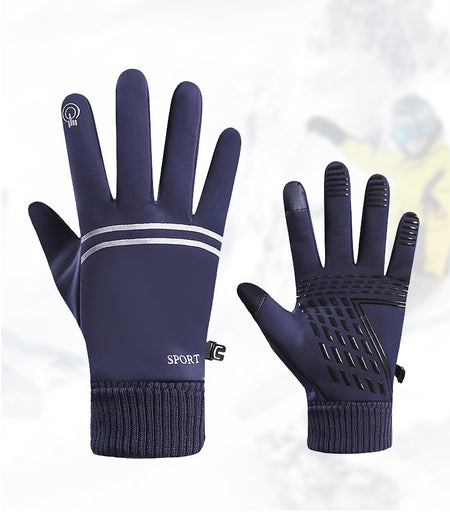 Navy winter running gloves, back and palm view showing reflective stripes, touchscreen fingertips and anti-slip palm grip