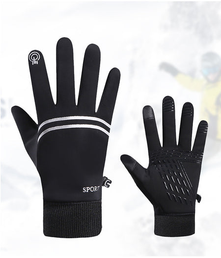 Black winter running gloves, back and palm view showing reflective stripes, touchscreen fingertips and anti-slip palm grip