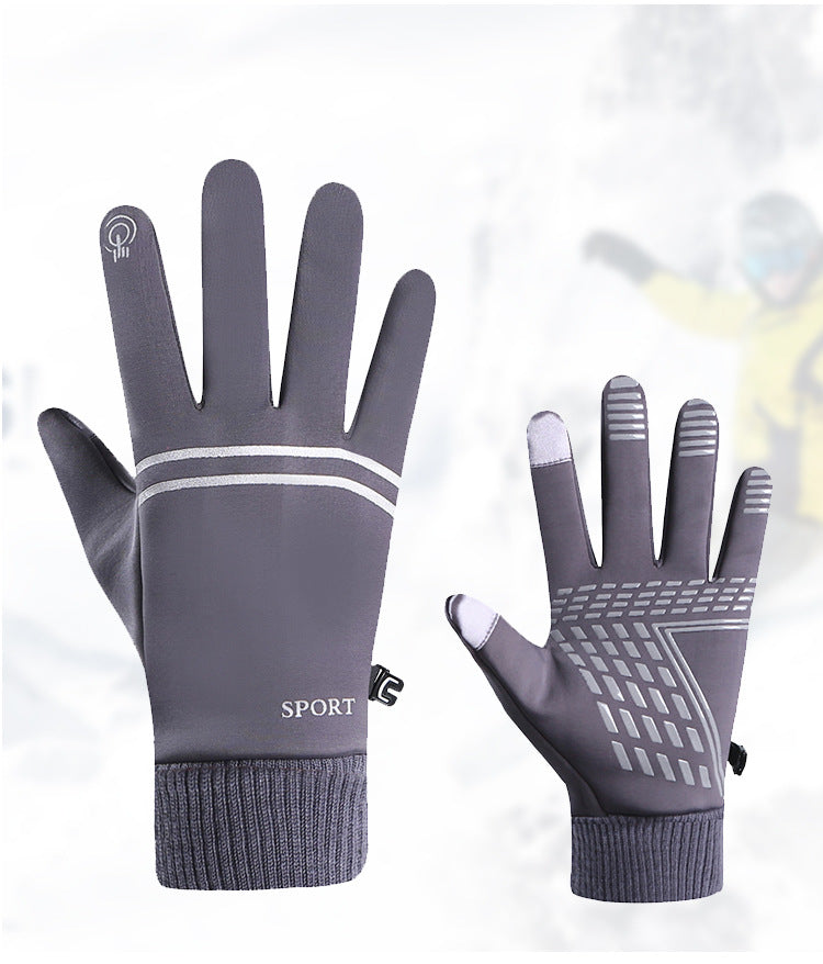 Grey winter running gloves, back and palm view showing reflective stripes, touchscreen fingertips and anti-slip palm grip