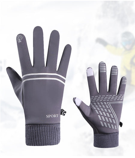 Grey winter running gloves, back and palm view showing reflective stripes, touchscreen fingertips and anti-slip palm grip
