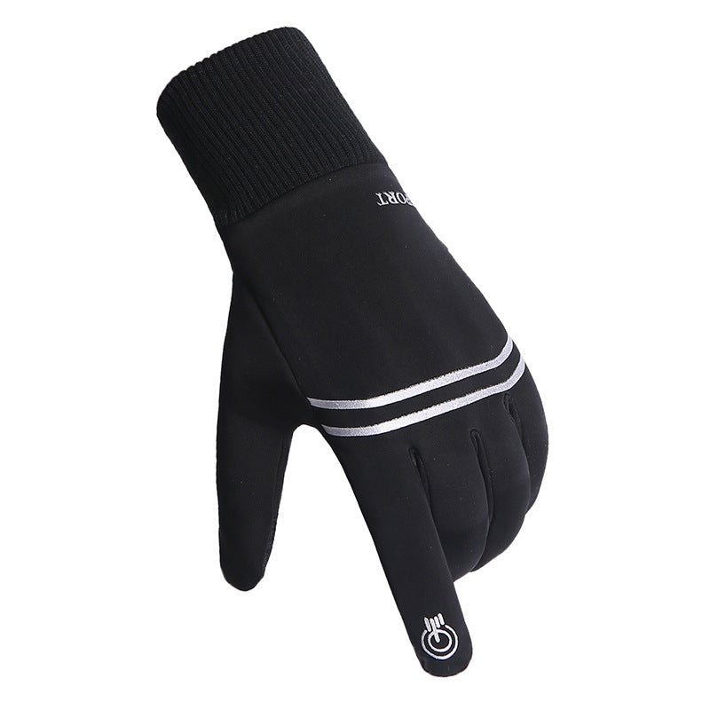 Black reflective touchscreen winter running glove, back view showing the double reflective stripes and touchscreen fingertip