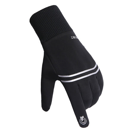 Black reflective touchscreen winter running glove, back view showing the double reflective stripes and touchscreen fingertip