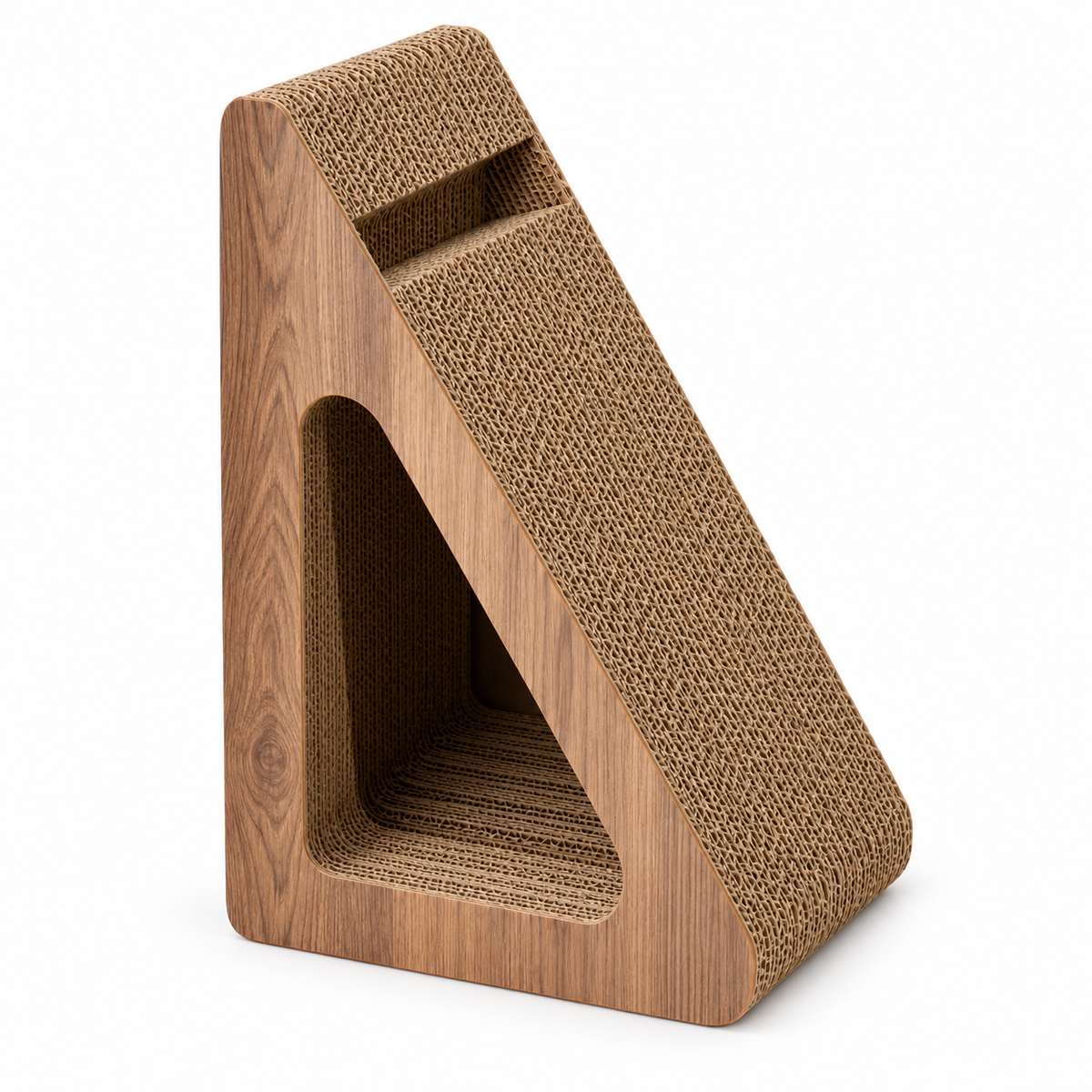 One hollow triangular corrugated cat scratcher with brown side panels and an upper recess.