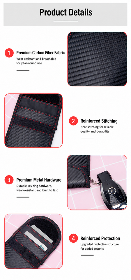 Faraday key pouch product details – carbon fibre, reinforced stitching, RFID shielding