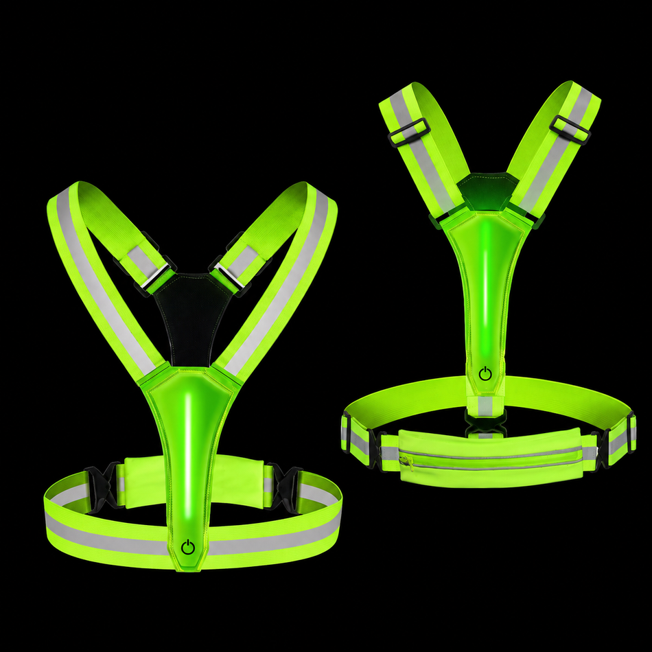 GlowStride LED reflective running vest front and back view with adjustable straps