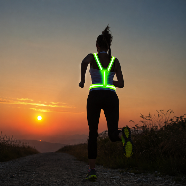 Woman running at sunset wearing GlowStride LED reflective vest with green glow