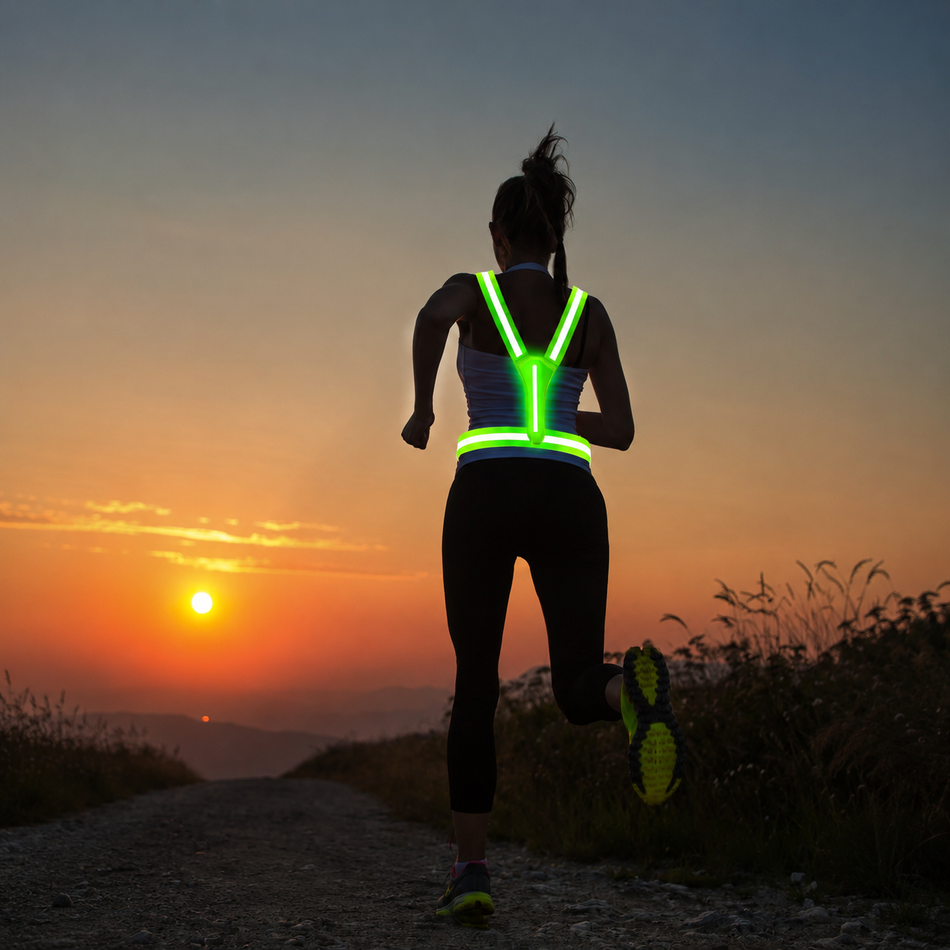 Woman running at sunset wearing GlowStride LED reflective vest with green glow