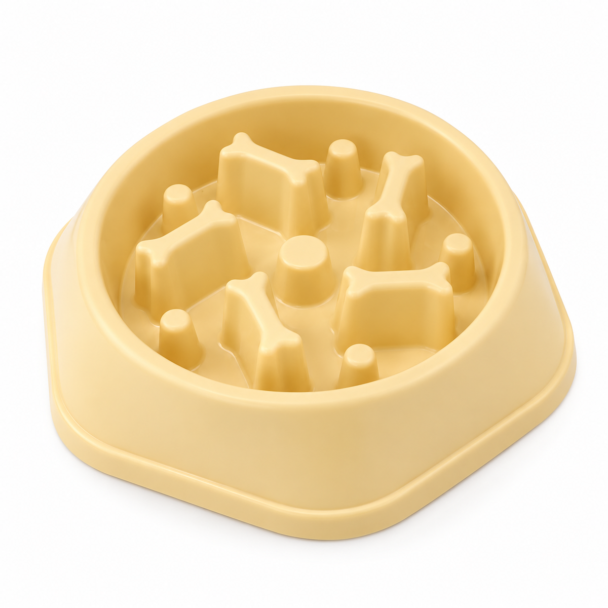 One yellow pet feeding bowl with raised bone-shaped dividers.