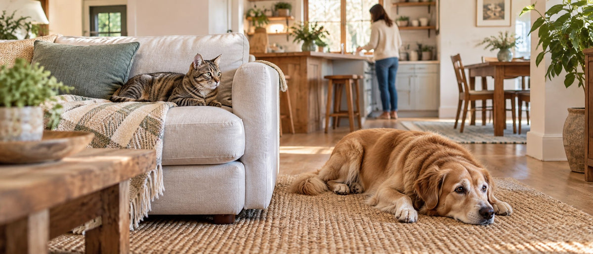 Illustrative home scene with a tabby cat on a sofa and a golden dog resting on a rug.