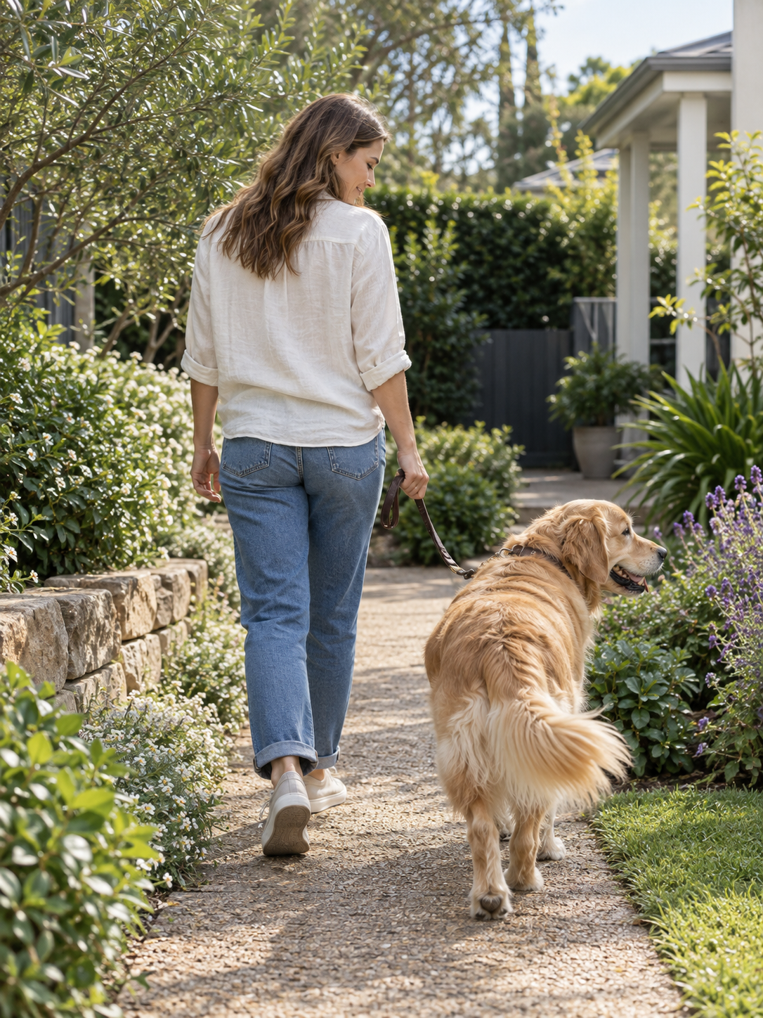 Illustrative brand scene of a woman walking a golden dog through a garden.