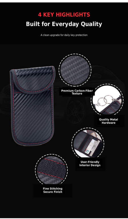 Faraday key pouch quality highlights – carbon fibre texture, metal hardware, RFID shielding