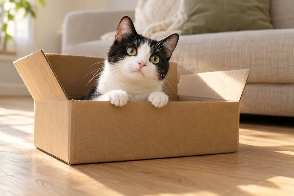Illustrative scene of a black-and-white cat exploring a cardboard box.