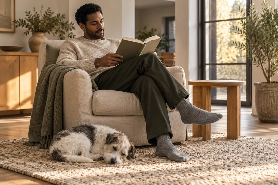 Illustrative scene of an adult reading while a small dog rests nearby.