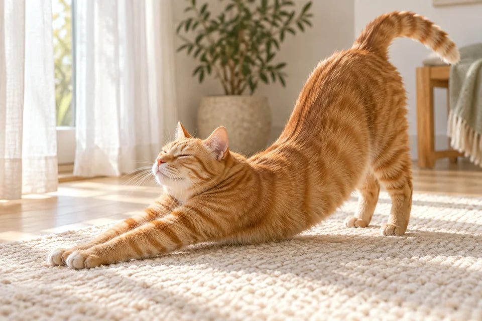Illustrative scene of a ginger cat stretching on a sunlit rug.