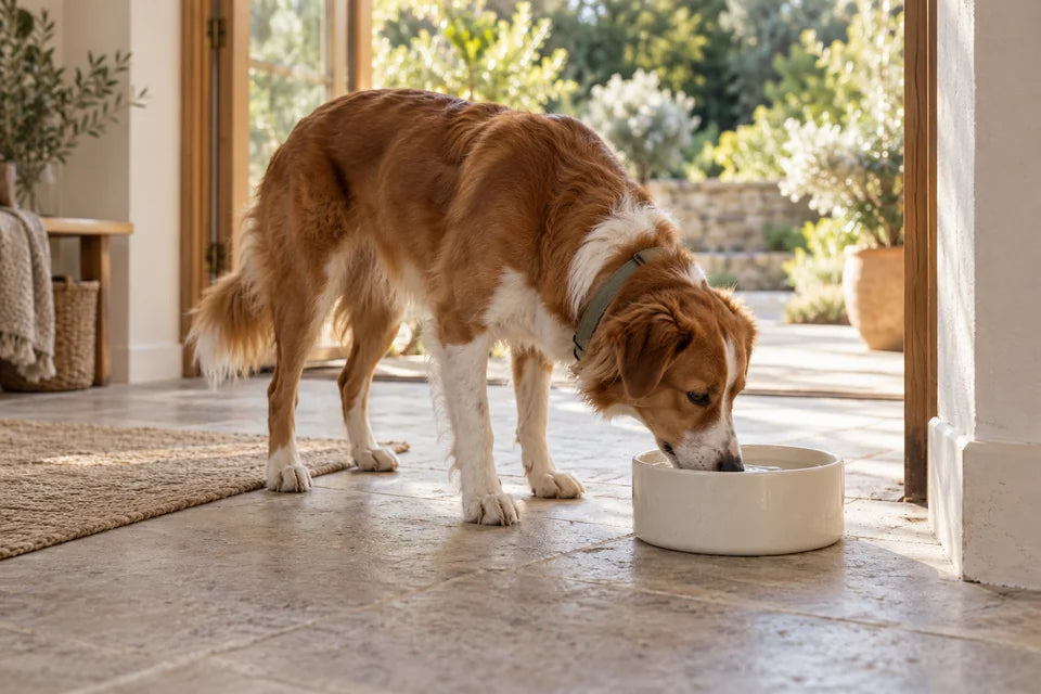 Illustrative scene of a dog drinking from a bowl beside an open door.